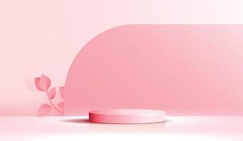 Kosmetischer rosa Hintergrund und Premium-Podiumsdisplay für Produktpräsentation, Branding und Verpackung. Studiobühne mit Wolke und Blatt im Hintergrund. Vektordesign vektor