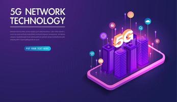 5g nätverk trådlös teknik vektorillustration. höghastighetsmobilt internet av nästa generation. med hjälp av moderna digitala enheter. webbsida designmall. vektor