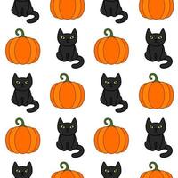 nahtloses muster der halloween-karikatur. schwarze Katze, orangefarbener Kürbis vektor