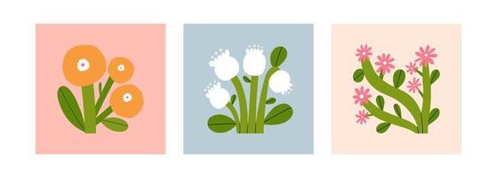 schöne sammlung von drei verschiedenen vektorblumenillustrationen. handgezeichnetes Blumenset. Perfekt für Wandkunst, Verpackungen, Schreibwarendesign vektor