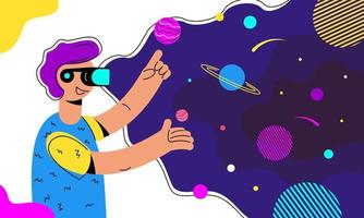 en man i virtual reality-glasögon och yttre rymden. vektor stock illustration i platt stil.