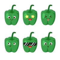 Satz von Paprika-Emojis. kawaii-stilikonen, pflanzliche charaktere. vektorillustration im flachen karikaturstil. Reihe von lustigen Lächeln oder Emoticons. gute ernährung und veganes konzept. Illustration für Kinder vektor