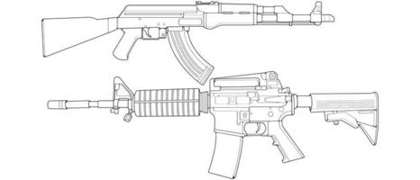 uppsättning av skjutvapen linjekonststil, skjutvapen, vapenillustration, vektorlinje, pistolillustration, modern pistol, militärkoncept, pistolstreckkonst för träning vektor