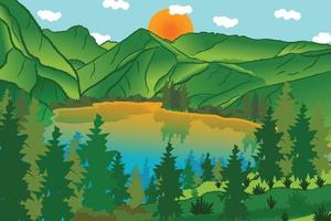 berg skog och sjö landskap illustration vektor