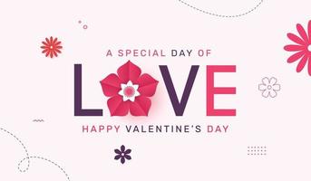 Liebesbeschriftung mit schöner Blume. Happy Valentines Day Text Illustration, Typografie-Design für Grußkarten, Banner, Poster vektor