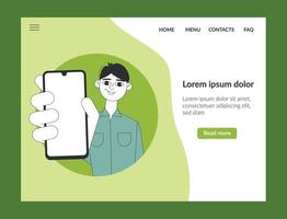 glücklicher Mann zeigt Smartphone-Bildschirm. Menschen und Gadgets-Konzept. Smartphone-Anzeigevorlage für Website oder Anzeige. Zielseiten-Webvorlage. Website design. vektor