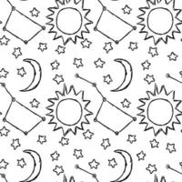 kosmos bakgrund. doodle vektor utrymme illustration med månen, stjärnor och solen sömlösa utrymme mönster