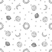 sömlösa rymdmönster. kosmos bakgrund. doodle vektor utrymme illustration med planeter, stjärnor, måne, sol