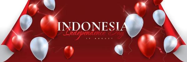 glücklicher indonesischer unabhängigkeitstag. indonesischer unabhängigkeitstag hintergrund im papierstil mit luftballons, verwendbar für banner, poster und grußkarte vektor
