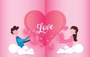 pappersklippa element i form av par ungdomar och haerts papercut bakgrund. vektor symboler för kärlek till glad alla hjärtans dag, gratulationskort design.