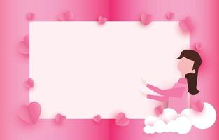 karikaturfrauenpapierschnittelemente in form des herzens auf rechteckigem rahmen hat freien platz. und rosa süßen hintergrund. vektorsymbole der liebe für den glücklichen valentinstag, geburtstagsgrußkartendesign. vektor