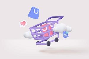 3D-Einkaufswagen mit Cloud für Online-Shopping und digitale Marketingideen. Warenkorb und Werbeetiketten auf weißem Hintergrund Einkaufstasche kaufen verkaufen Rabatt 3D-Vektorsymbol Illustration vektor