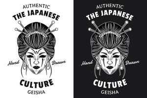 set dunkle kunst frauen japanische geisha kopf schädel maske vintage tattoo handgezeichnete gravur stil vektor