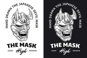 set dödskalle mörk konst japansk mask djävulen demon handritad gravyr stil vektor