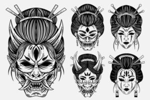 set bunt mörk konst skräck japansk geisha flicka med djävulen mask ansikte tatuering handritad gravyr stil vektor