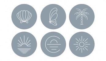sommarmärken med urverkssnäckskal, blommor och händer i cirklar. vektor illustration. uppsättning ikoner och emblem för nyhetsomslag för sociala medier. designmallar för yogastudio