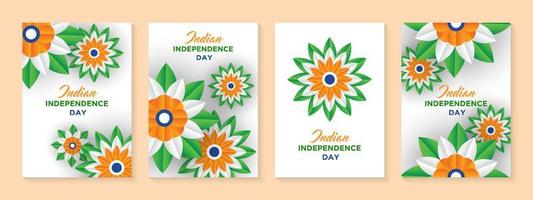 indisches unabhängigkeitstag-feiertagsdesign. 3D-Räder, Blumen mit Blättern in traditioneller Trikolore der indischen Flagge. Papierschnitt-Stil. vektor