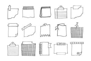 tomma påminnelse papper anteckningar, planerare doodle samling. vektor handritad skiss illustration