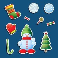 jul vektor klistermärken. illustration med bild av träd, gran, strumpor, stjärna och godis