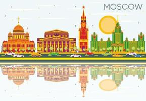 Moskvas skyline med färgbyggnader, blå himmel och reflektioner. vektor