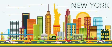Skyline von New York mit farbigen Gebäuden und blauem Himmel. vektor