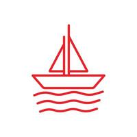 eps10 rotes Vektorsegelboot-Liniensymbol isoliert auf weißem Hintergrund. Boot mit Meereswellen-Symbol in einem einfachen, flachen, trendigen, modernen Stil für Ihr Website-Design, Logo, Piktogramm und mobile Anwendung vektor