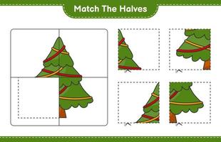 verbinde die Hälften. passende Hälften des Weihnachtsbaums. pädagogisches kinderspiel, druckbares arbeitsblatt, vektorillustration vektor