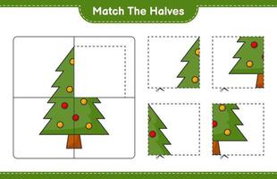 matcha halvorna. matcha halvor av julgran. pedagogiskt barnspel, utskrivbart kalkylblad, vektorillustration vektor