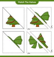 verbinde die Hälften. Passen Sie die Hälften des Bandes und des Weihnachtsbaums zusammen. pädagogisches kinderspiel, druckbares arbeitsblatt, vektorillustration vektor