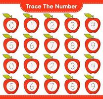 Verfolgen Sie die Nummer. Verfolgungsnummer mit Apfel. pädagogisches kinderspiel, druckbares arbeitsblatt, vektorillustration vektor