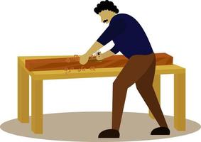 Tischler mit Hobel und Holzspänen, Tischler mit Holz für Möbel, Vektorgrafik, flache Ikone, Holzschnitzerarbeit in der Werkstatt vektor