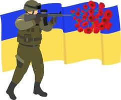 en ukrainsk soldat skjuter vallmo från ett maskingevär, stående rakt mot bakgrunden av ukrainska flaggan. vektor illustration. skjuter blommor från ett vapen.