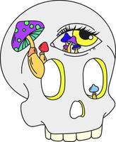 en psykedelisk skalle med ett tredje öga och svampar som klättrar ur hålan. surrealism vektor