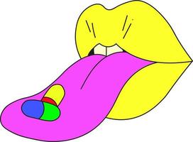 psychedelische gelbe Lippen mit einer hervorstehenden Zunge. Pillen auf der Zunge. vektor