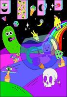 Weltraumplakat. verrückte vektorillustration. Smiley, Magic Mushrooms, Kosmos, Techno, Acid, Trippy Style. psychedelisches Plakat. Surrealismus vektor