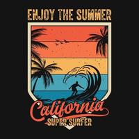 njut av sommaren Kalifornien super surfer - sommar strand t-shirt design, vektorgrafik. vektor
