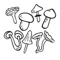 vektor-flacher illustrationssatz von pilzikonen. Doodle-Objekte werden ausgeschnitten.