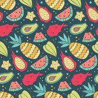 tropiska frukter hand ritning seamless mönster. vattenmelon och ananas, drakfrukt och avokado. textildesign, tapeter, tyg och förpackningar. vektor stock illustration.