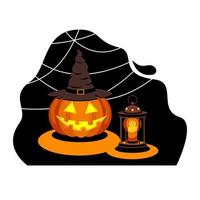 Jack-Laterne-Kürbis im Hexenhut-Halloween-Symbol, Kerze und Spinnennetz. Stock-Vektor-Illustration. vektor