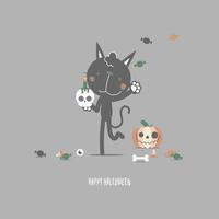 glad halloween holiday festival med söt katt och skalle, platt vektor illustration seriefigur design