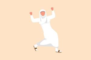 Business-Design-Zeichnung glückliche arabische Geschäftsfrau, die mit erhobenen Händen ihre geballten Fäuste steht. manager, der den erfolg der steigerung der produktverkäufe des unternehmens feiert. flache Cartoon-Stil-Vektor-Illustration vektor