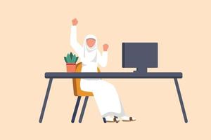 business flat cartoon style zeichnung glückliche arabische geschäftsfrau, die in der nähe des schreibtischarbeitsplatzes sitzt und eine hand hoch mit der anderen erhebt. arbeitnehmer feiert erfolg geschäftsleistung. Grafikdesign-Vektor vektor