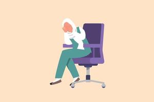 business platt ritning frustrerad arabisk affärskvinna med huvudet sitter ensam på stolen på kontoret. ångrar affärsmisstag, deprimerad, dumhet, dum. tecknad design vektorillustration vektor
