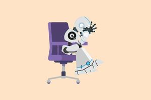 företag platt ritning deprimerad robot håller huvudet sitter ensam på stolen. beklagar affärsmisstag. humanoid robot cybernetisk. framtida robotutveckling. tecknad design vektorillustration vektor