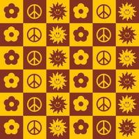 retro quadratisches nahtloses muster mit hippieelementen und symbolen auf schachbrett. Vektor bunte Illustration im Stil der 70er, 80er Jahre. gelbe und braune Farben