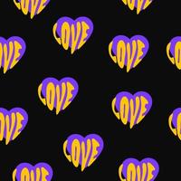 Vektor-Hippie-Retro-nahtloses Muster mit gelbem Wort Liebe und lila Herzen auf schwarzem Hintergrund. trendiges psychedelisches Design Liebesthema, Textil, Tapete, Geschenkpapier vektor