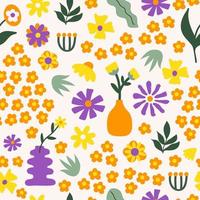 Retro-botanisches nahtloses Muster mit Vintage-Blumen im Stil der 60er, 70er Jahre auf hellem Hintergrund. naiver Kunstdruck. trendige vektorillustration. vektor