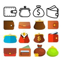 Geldbeutel-Icon-Set-Vektor. Geld-Symbol. Geldbörse Brieftasche. Zahlungszeichen. Währungsdesign finanzieren. Finanzmarktobjekt. retail sicher. Handelskredit bezahlen. Linie, flache Abbildung vektor