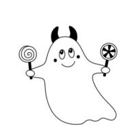 doodle snällt sött spöke med djävulens horn och godis i händerna barn tecknad halloween designelement kontur vektor