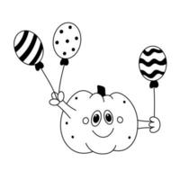 doodle tecknad glad pumpa med ballonger kid festlig halloween clipart kontur vektor